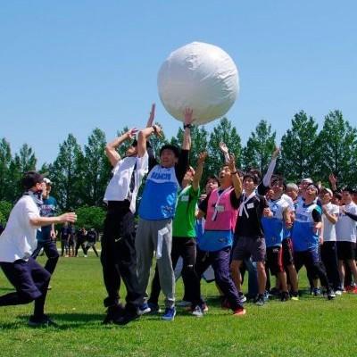 晴天の下、ダイニチ工業の社内運動会で大玉送りに挑む従業員たち。青空と緑の芝生を背景に、チームワークを発揮して白い大玉を持ち上げる様子。